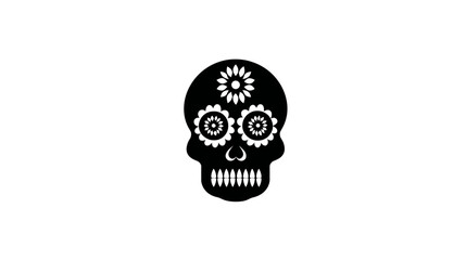A black and white graphic of a sugar skull with decorative flower eye sockets and forehead flower