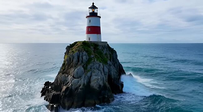 Dramatic seascape of a red and white lighthouse perched atop a rocky islet