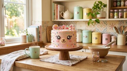 Whimsical bear face cake creation in a cozy kitchen with steaming beverage and baking tools