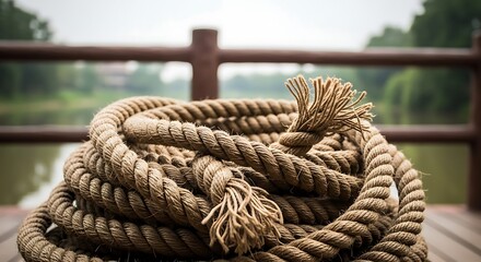 Fototapeta premium Thick natural fiber rope coiled on a wooden deck with blurred image photo