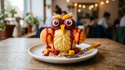 Whimsical owl-shaped ice cream dessert adorned with fruit and sauce presented in a cafe setting