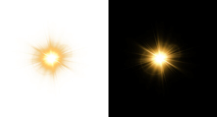 Starburst PNG image shining with golden light and sun rays on black and transparent background. © lolita PnG