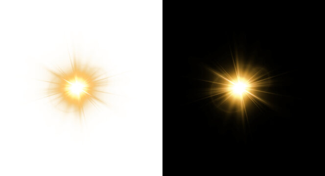 Starburst PNG image shining with golden light and sun rays on black and transparent background.