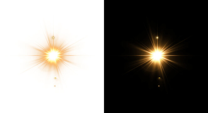 Bright yellow explosion of PNG sparks with hot rays and sunbeams on black and transparent background.
