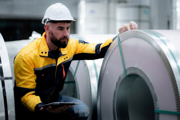 Industrial worker wearing safety helmet inspecting steel coils while using tablet in factory...