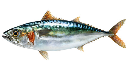 Fototapeta premium Ultra realistic HD mackerel fish with shiny scales and fins, isolated on white background