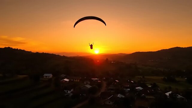Aerial view of paraglider soaring above tents at sunset over mountains and landscape