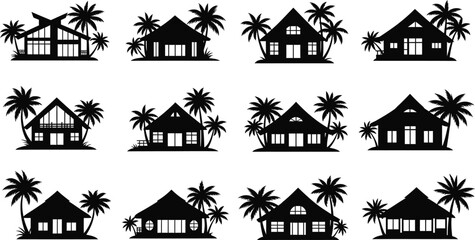 Tropical house silhouettes with palm trees © mdkamran