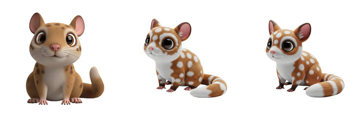 Obraz premium Three Cute Spotted Quoll Characters with Long Striped Tails and Curious Expressions Isolated on White Background PNG for Kids Australian Wildlife Animal Illustration Design Set