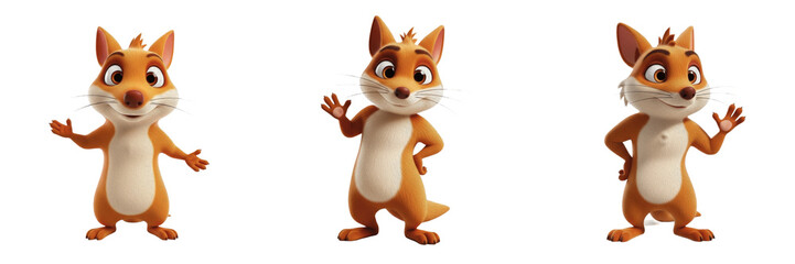 Fototapeta premium Three Cute Orange Fox Characters with White Bellies and Expressive Poses Isolated on White Background PNG for Kids Forest Animal Wildlife Illustration Design Set