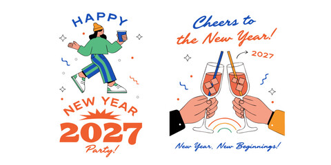 Obraz premium Happy New Year 2027 – Playful Hand‑Drawn Celebration with Dancing Characters, Champagne Toast, and Colorful Festive Graphics for Posters, Greetings & Holiday Promotions