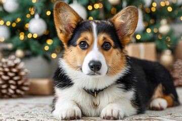 Obraz premium Corgi dog lying on rug near christmas tree