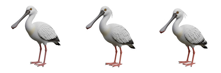 Obraz premium Black-faced Spoonbill Platalea minor isolated on white background cute 3D cartoon wading bird character set white feathers black beak and legs standing poses