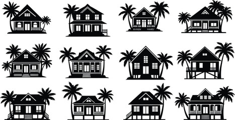 Tropical house silhouettes with palm trees © mdkamran
