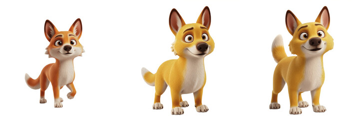 Fototapeta premium Gray Fox Urocyon cinereoargenteus isolated on white background cute 3D cartoon animal character set fluffy grey and orange fur mascot standing poses clipart animation