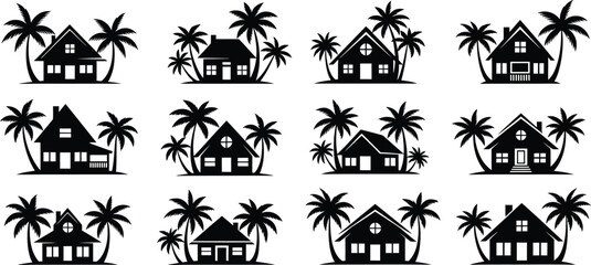 Tropical house silhouettes with palm trees © mdkamran