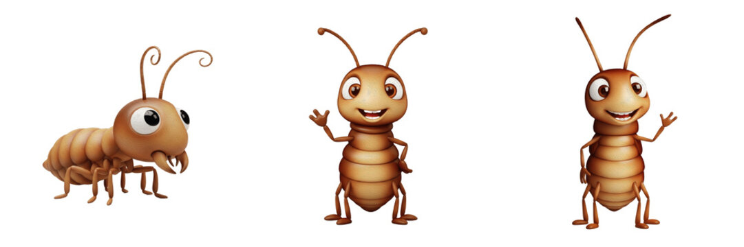 Termite Isoptera isolated on white background cute 3D cartoon insect character set brown bug mascot standing and waving poses clipart animation nursery art