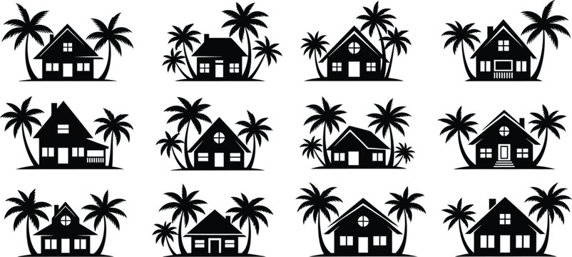 Tropical house silhouettes with palm trees