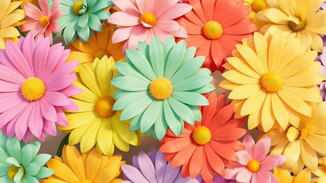 Colorful flowers blooming in a bright 3D animated background, showcasing vibrant floral patterns for a seamless spring design.