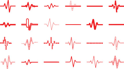 Red heartbeat line collection with heart symbol, cardiology, medical pulse, ECG, EKG design, healthcare clipart vector illustration, health monitoring, digital heartbeat graphics © Biplob