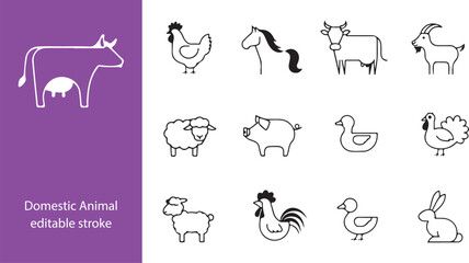 Obraz premium Domestic Animal editable stroke outline web icons set. Cow, goat, pig, hen, goose, horse, chicken, rooster and sheep. Vector illustration