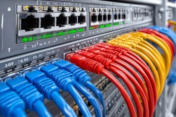 Fototapeta premium Network switch with colorful ethernet cables for data connection