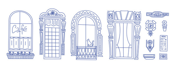 Elegant line art collection of vintage cafe windows, doors and decorative facade elements, architectural illustration perfect for travel blogs, restaurant branding and city design themes. © AlexTroi