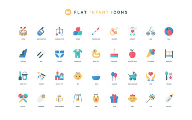 Baby care accessories and toys, organic food to eat color icon set. Sand castle and car seat for kids, milk bottle, bed and crib, infant boy and girl head with smile flat elements vector illustration