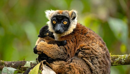 Fototapeta premium Lemur with baby clings to a branch, gazing forward with sharp yellow eyes, against a blurred forest background