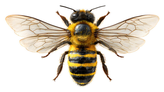Ultra realistic HD bee macro wings translucent yellow black stripes, isolated on white background