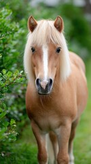 Obraz premium Blonde miniature pony standing in lush greenery