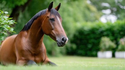 Obraz premium Graceful bay horse lying on grass in serene garden setting