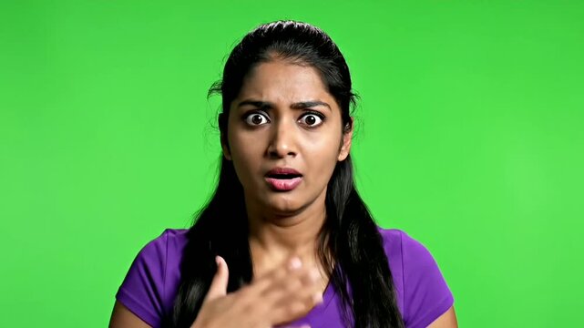 Shocked woman expression reacting in surprise on green screen chroma key background