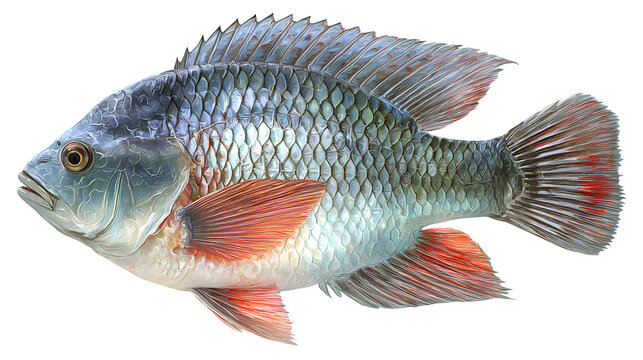 Ultra realistic HD tilapia fish silver fins scales detailed, isolated on white background