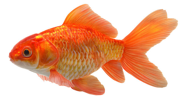 Ultra realistic HD goldfish with bright orange scales and flowing fins, isolated on white background
