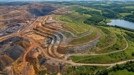 Aerial View of Mining Landscape Transitioning to Reclaimed Green Land