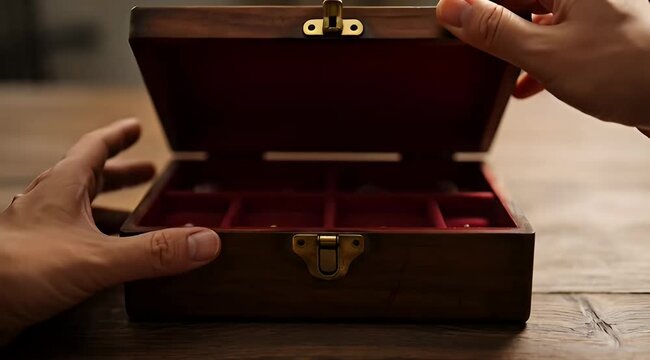A person opening a wooden box with red velvet lining on a wooden table