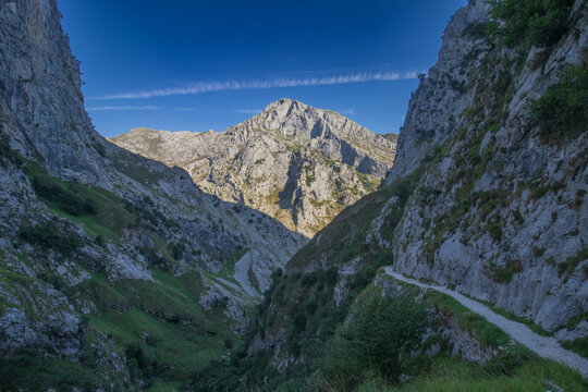Un estrecho camino de tierra y piedra recorre la ladera de un profundo desfiladero en Asturias, rodeado de paredes verticales y picos agrestes bajo un cielo azul con una estela blanca.