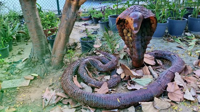 Large rusted metal cobra sculpture with raised hood and coiled body, displayed as an outdoor garden art piece among potted plants and fallen leaves.