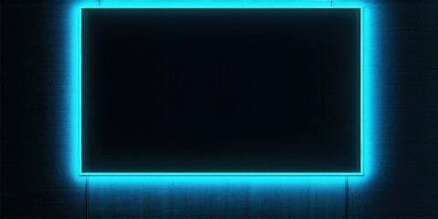 Fototapeta premium Rectangular screen glows bright blue against dark textured wall. Minimalist design creates dramatic visual impact. Lighting defines space.