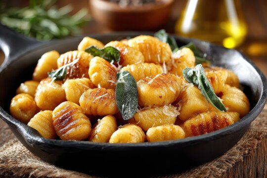 Delicious homemade gnocchi served in a cast iron skillet with fresh sage leaves, Parmesan cheese, and a rich buttery sauce for a comforting and savory meal.