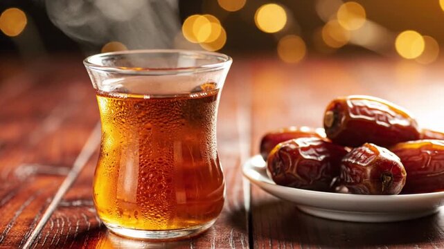A close-up shot features a steaming glass of hot, amber-colored beverage, likely tea, beautifully presented on a rustic wooden surface. Visible condensation beads on the glass surface enhance its warm