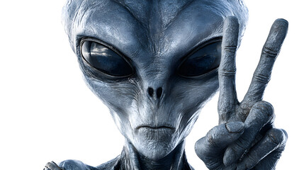 Obraz premium Ultra realistic HD grey alien making peace sign, smooth texture and realistic shading, isolated on white background