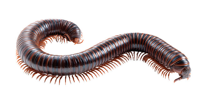 Ultra realistic HD millipede curved body legs aligned macro, isolated on white background