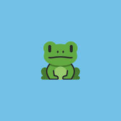 Obraz premium Cartoon-style green frog sitting with a neutral expression on a blue background.
