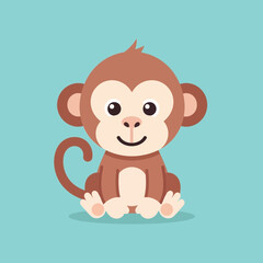 Obraz premium Cute cartoon monkey sitting with a happy expression on a blue background