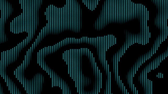 Blue halftone camouflage dot waves animation forming organic flowing pattern on black background