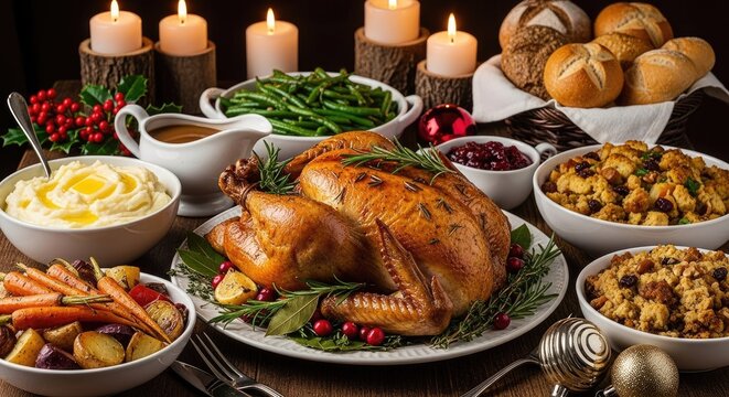 Festive thanksgiving dinner spread with roasted turkey and side dishes