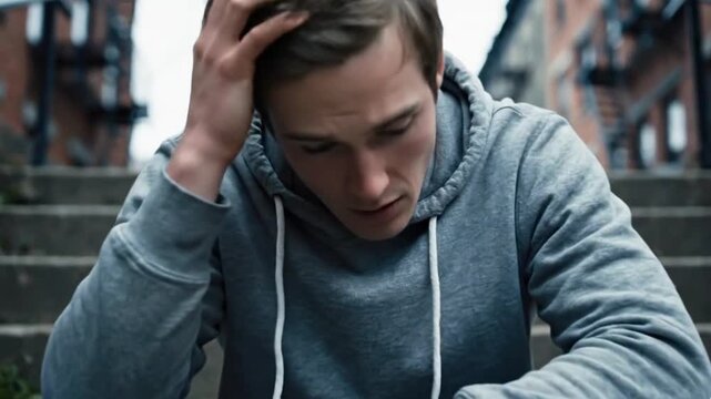 Contemplation on Steps: A young man sits dejectedly on a staircase, his hand resting on his head in a gesture of contemplation.