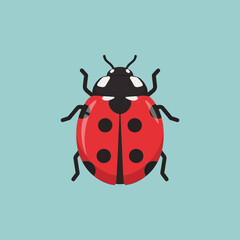 Illustration of a ladybug with red wings and black spots on a light blue background.